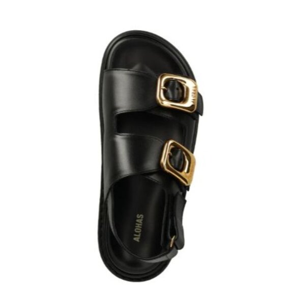 Alohas Black Leather Double Gold Buckle Round Toe Daria Sandals Women's Size 9 - Picture 11 of 14